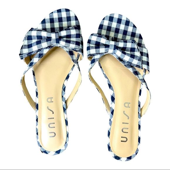 Unisa Shoes - UNISA Gingham Bow Navy Blue and White Sandals. Size 8